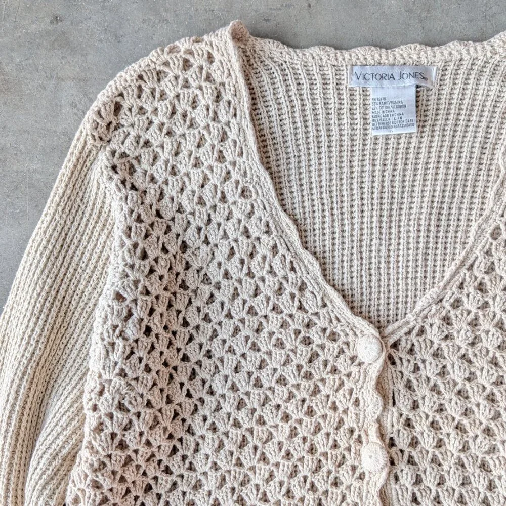 Vintage Victoria Jones Beige Open Knit Long Sleeve Cardigan Sweater large - Picture 2 of 7
